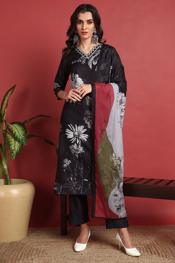 Black Rayon Blend Floral Printed Straight Suit Set PKSKD2417