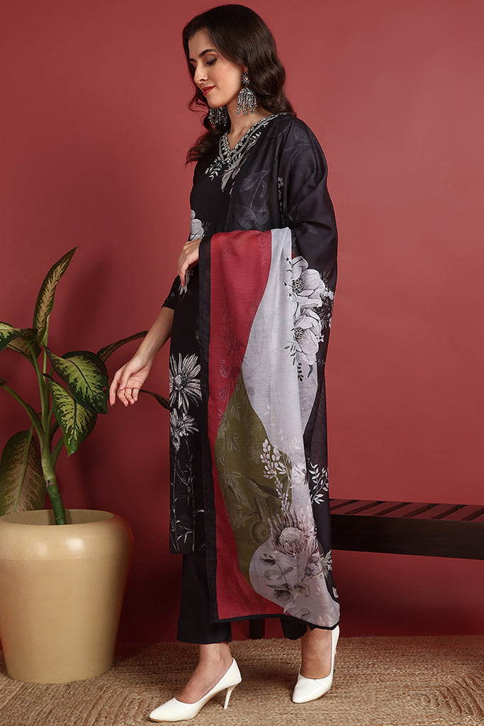 Black Silk Blend Floral Printed Straight Suit Set PKSKD2417