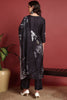 Black Silk Blend Floral Printed Straight Suit Set PKSKD2417