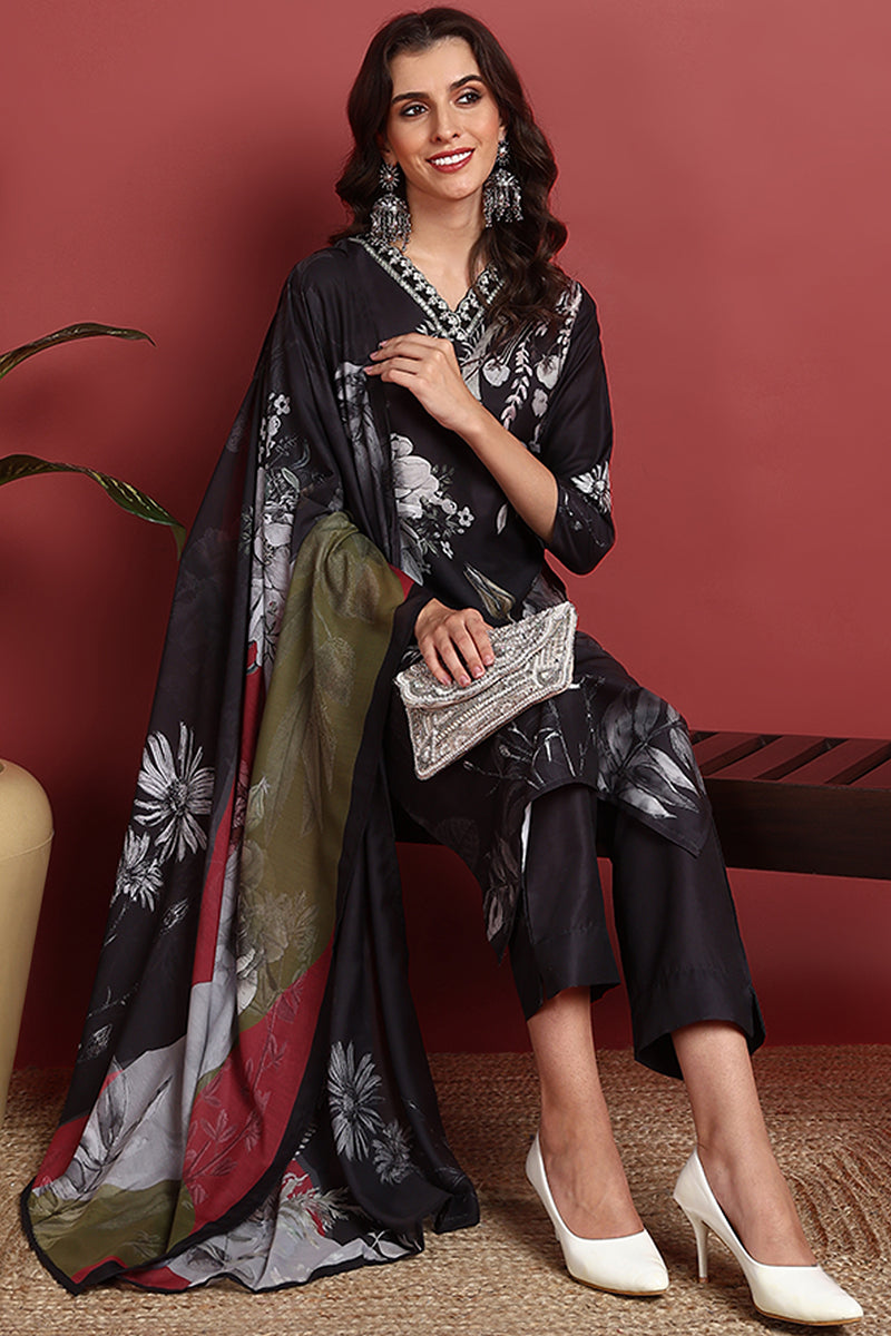 Black Silk Blend Floral Printed Straight Suit Set PKSKD2417