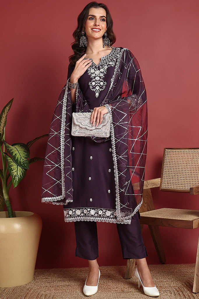 Purple Silk Blend Solid Embroidered Straight Suit Set PKSKD2419