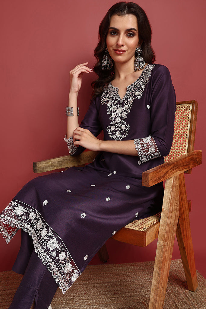 Purple Silk Blend Solid Embroidered Straight Suit Set PKSKD2419