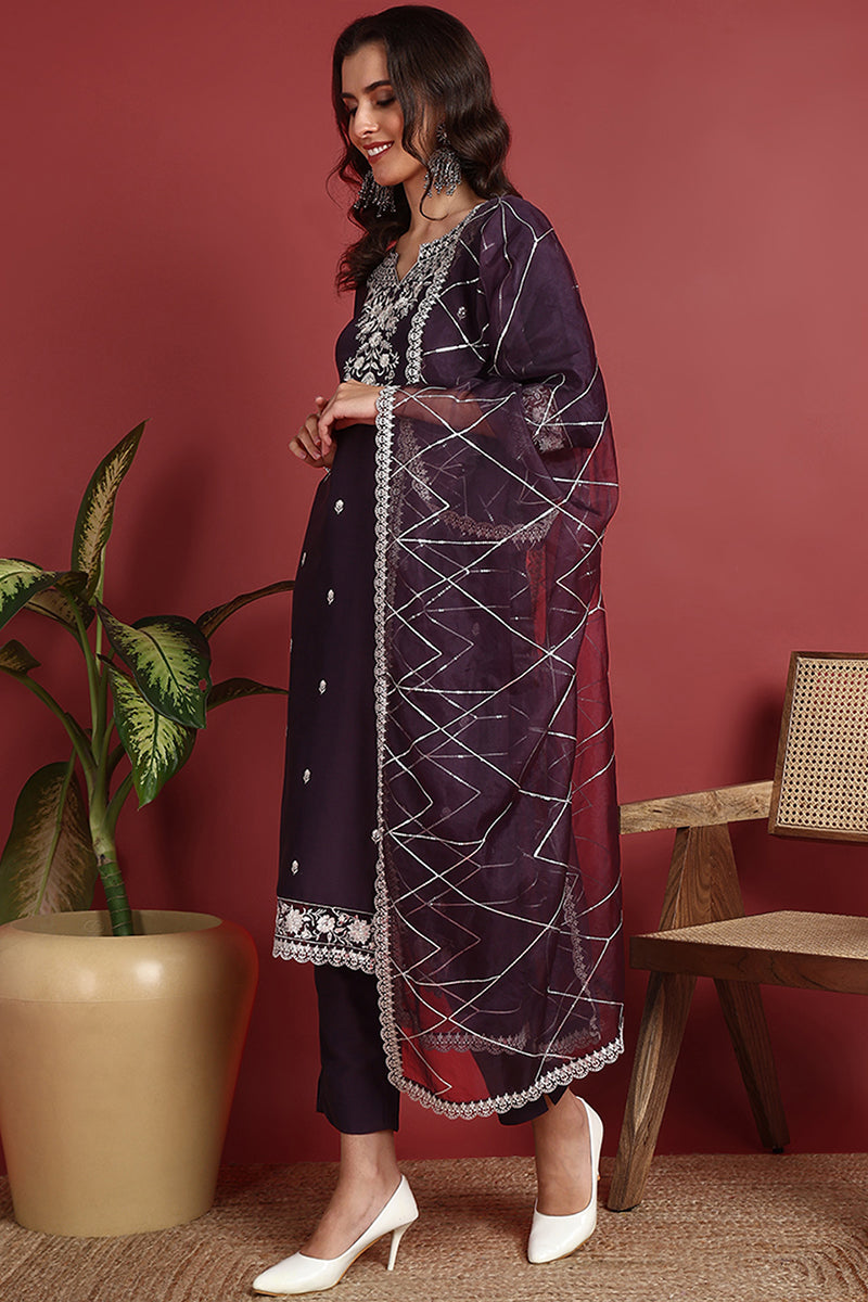 Purple Silk Blend Solid Embroidered Straight Suit Set PKSKD2419