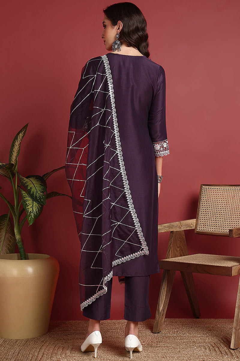 Purple Silk Blend Solid Embroidered Straight Suit Set PKSKD2419