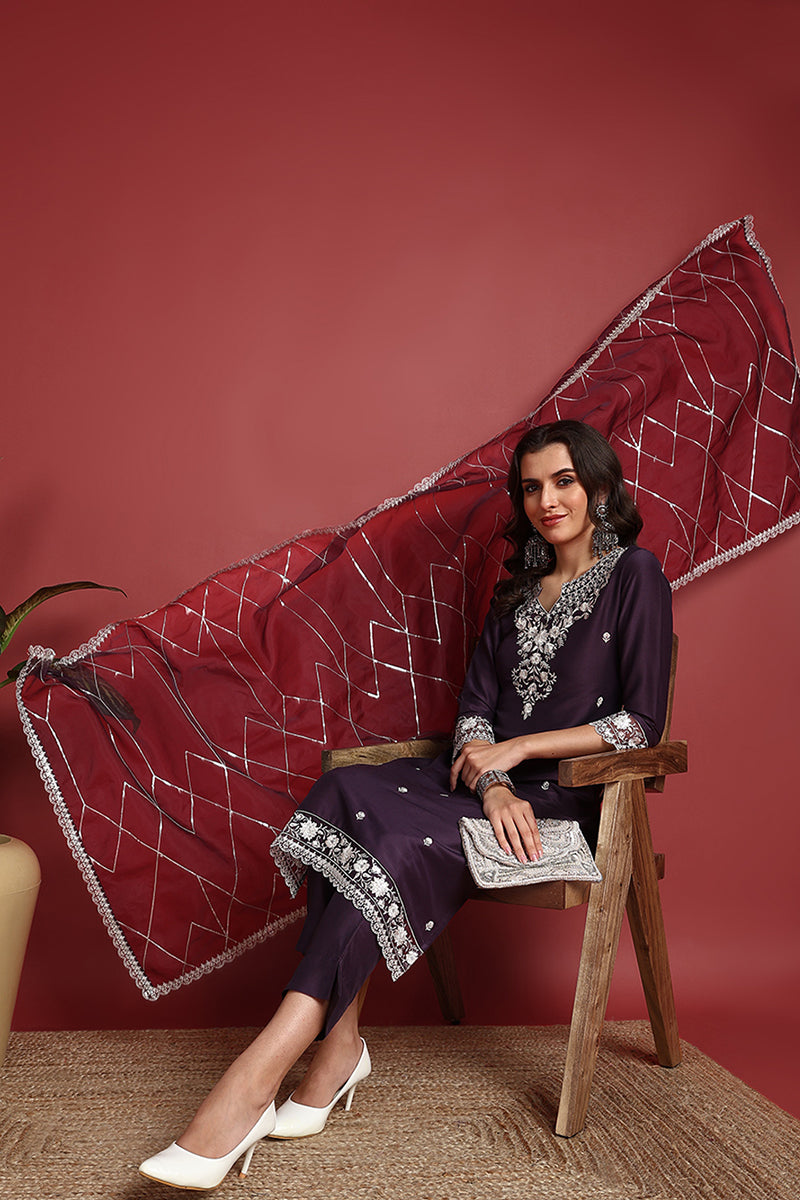 Purple Silk Blend Solid Embroidered Straight Suit Set PKSKD2419