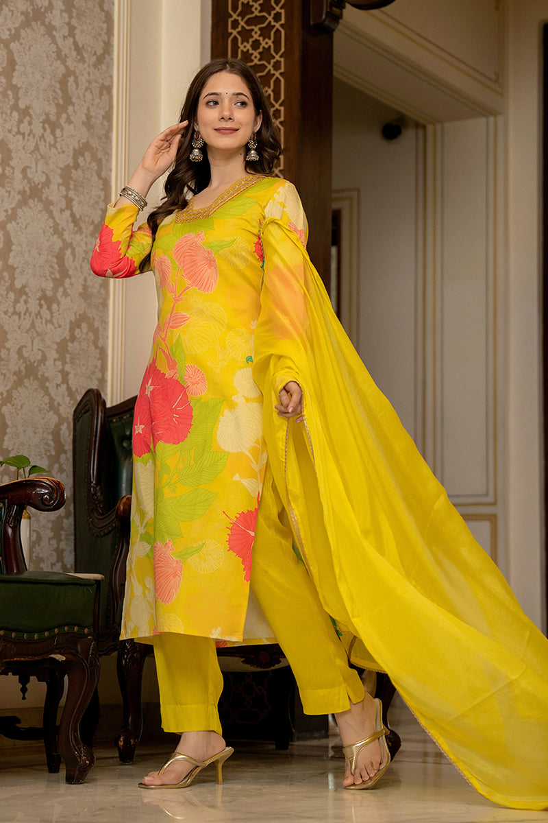 Yellow Rayon Blend Floral Printed Straight Suit Set PKSKD2425