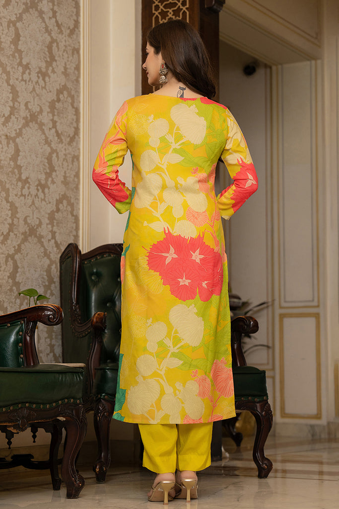 Yellow Rayon Blend Floral Printed Straight Suit Set PKSKD2425