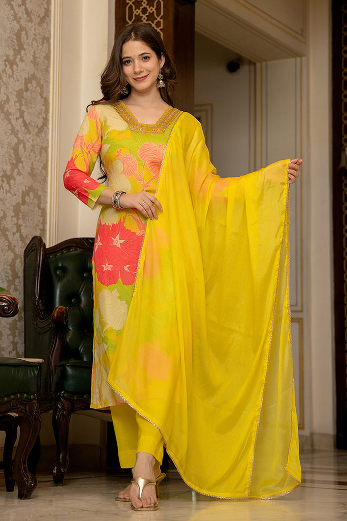 Yellow Rayon Blend Floral Printed Straight Suit Set PKSKD2425