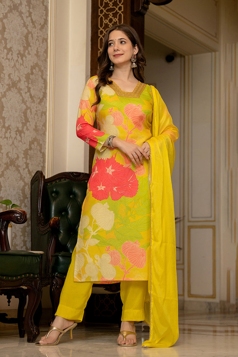 Yellow Rayon Blend Floral Printed Straight Suit Set PKSKD2425