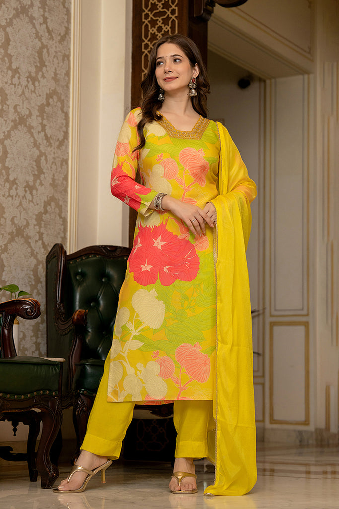 Yellow Rayon Blend Floral Printed Straight Suit Set PKSKD2425