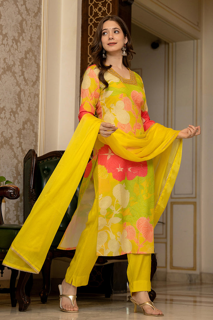 Yellow Rayon Blend Floral Printed Straight Suit Set PKSKD2425