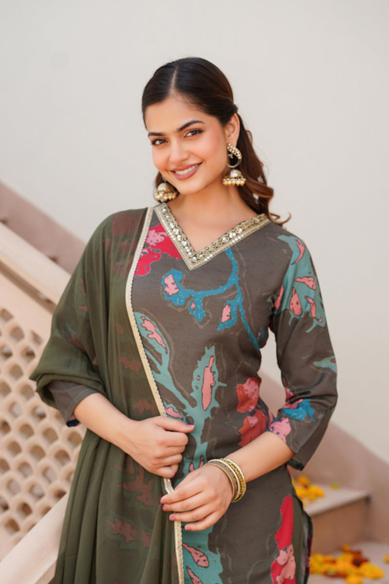 Olive Rayon Blend Abstract Floral Printed Straight Suit Set PKSKD2426