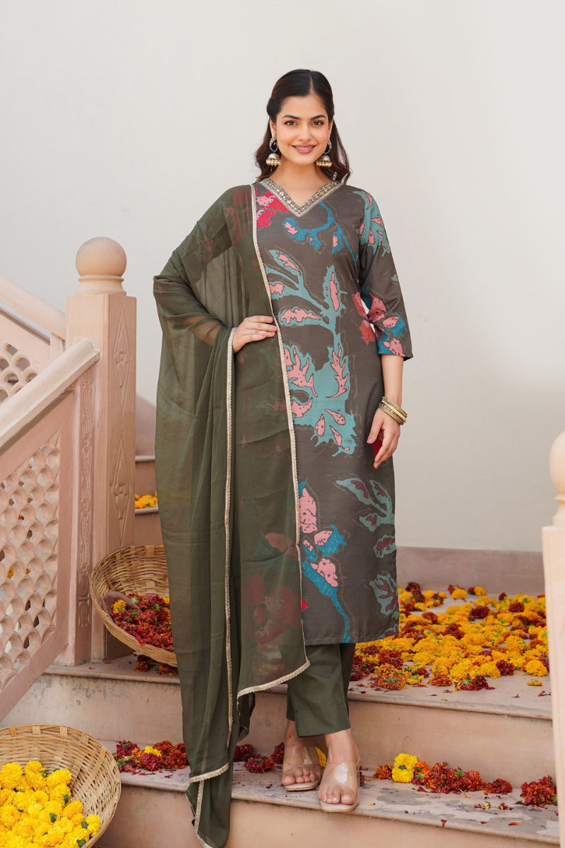Olive Rayon Blend Abstract Floral Printed Straight Suit Set PKSKD2426