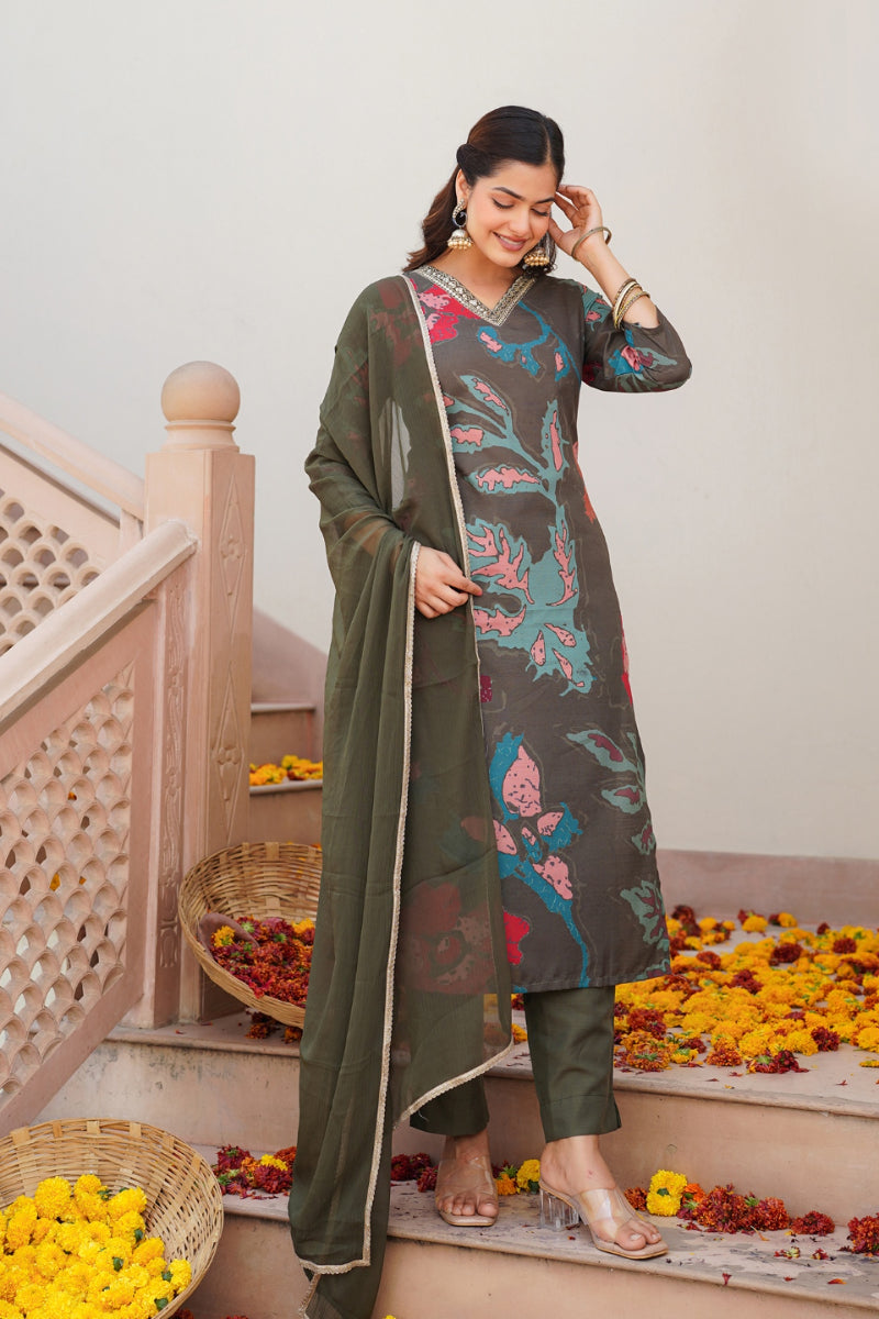 Olive Rayon Blend Abstract Floral Printed Straight Suit Set PKSKD2426