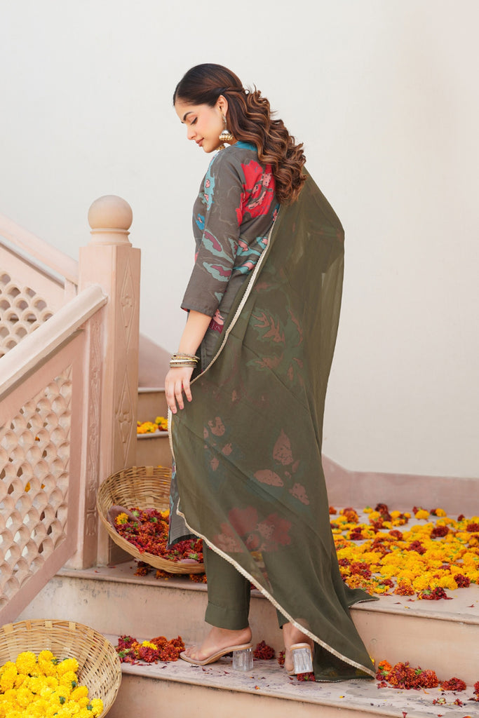 Olive Rayon Blend Abstract Floral Printed Straight Suit Set PKSKD2426