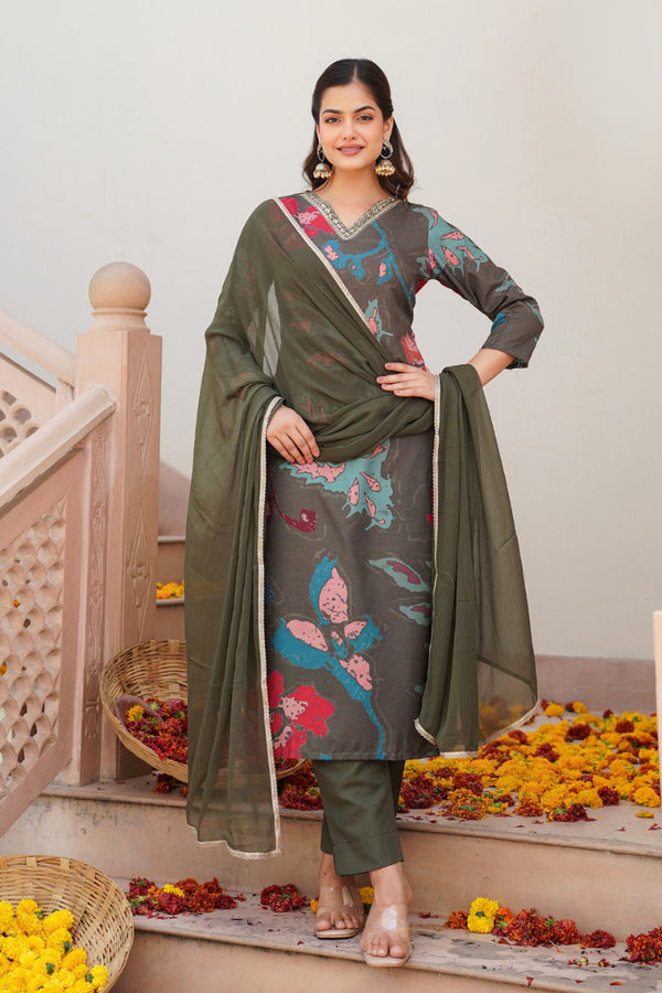 Olive Rayon Blend Abstract Floral Printed Straight Suit Set PKSKD2426