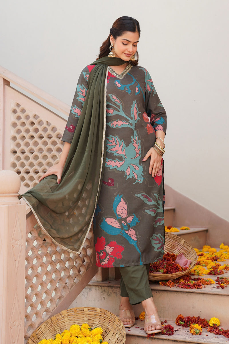 Olive Rayon Blend Abstract Floral Printed Straight Suit Set PKSKD2426