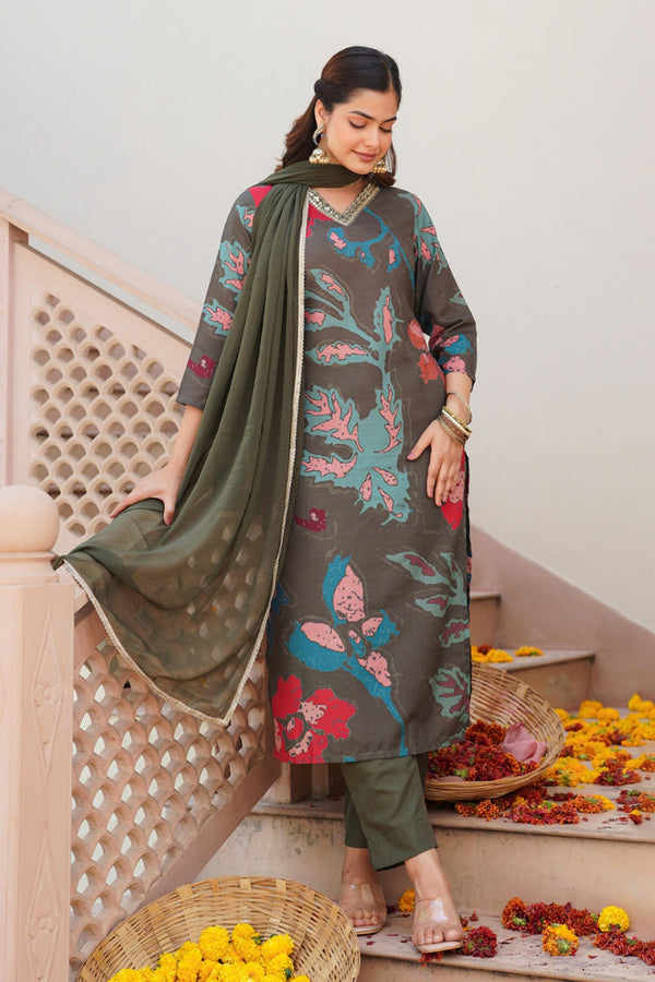 Olive Rayon Blend Abstract Floral Printed Straight Suit Set PKSKD2426