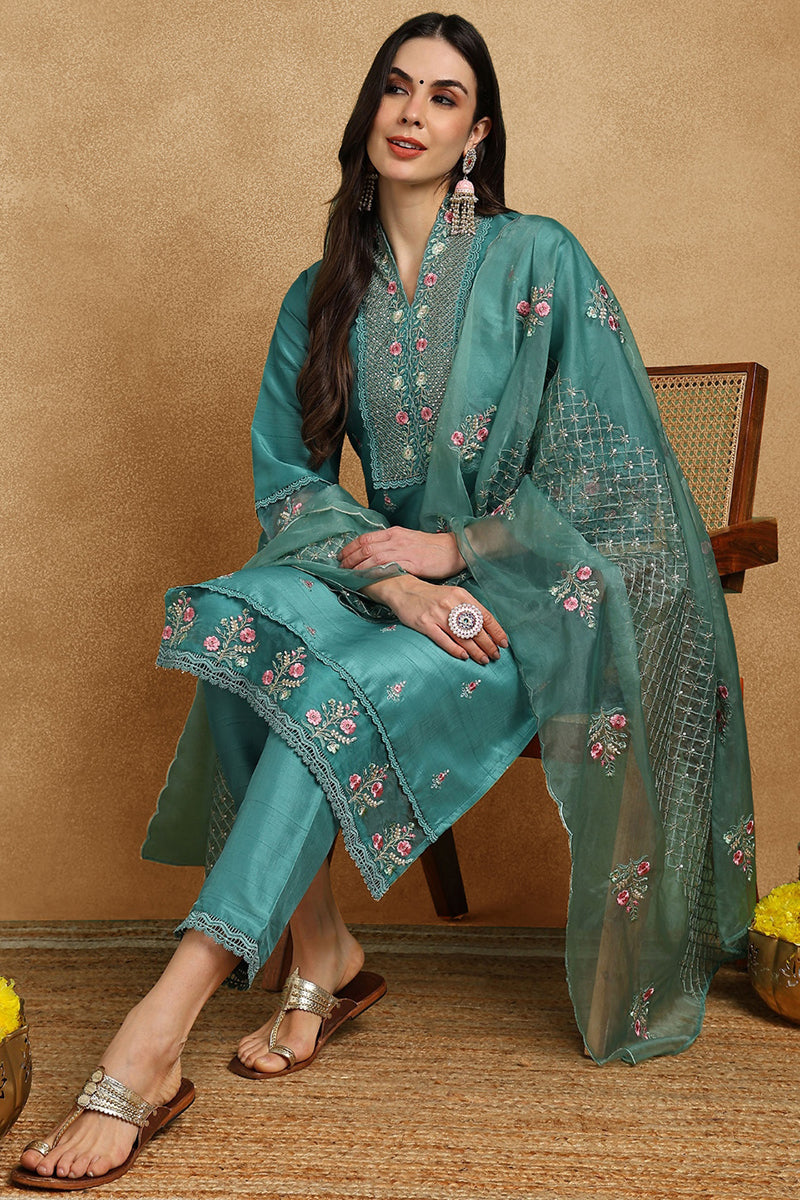 Teal Silk Blend Solid Embroidered Straight Suit Set PKSKD2427