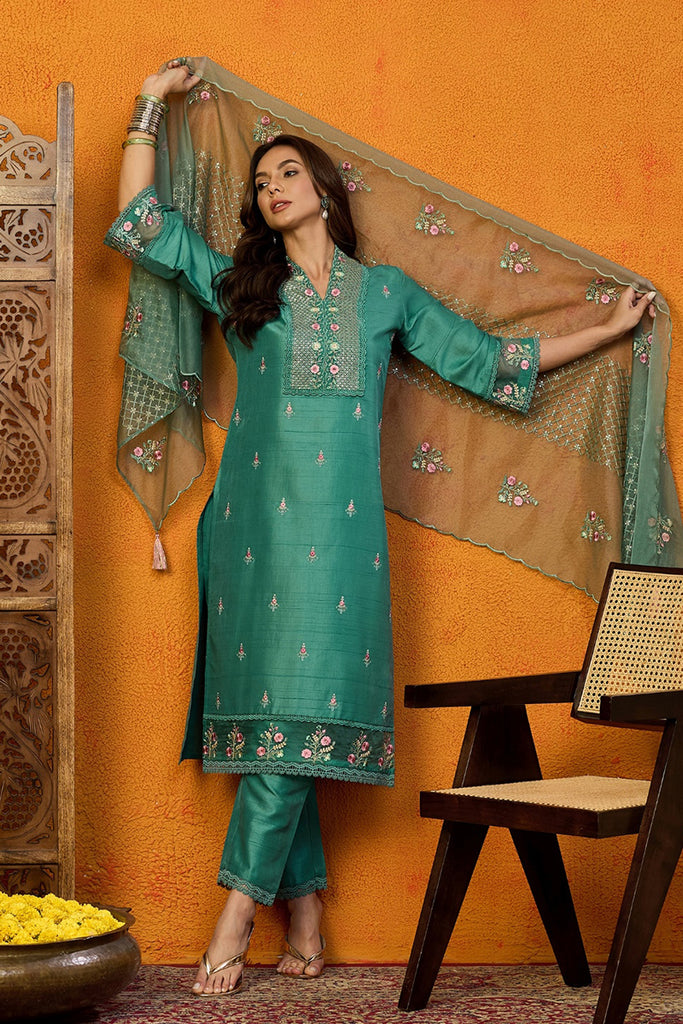 Teal Silk Blend Solid Embroidered Straight Suit Set PKSKD2427