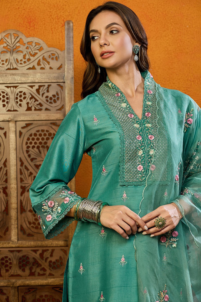 Teal Silk Blend Solid Embroidered Straight Suit Set PKSKD2427