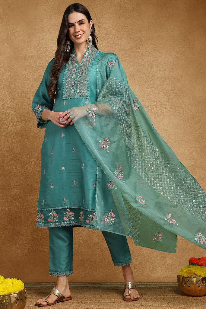 Teal Silk Blend Solid Embroidered Straight Suit Set PKSKD2427