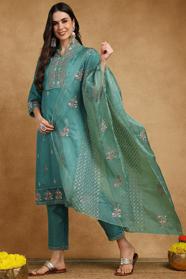Teal Silk Blend Solid Embroidered Straight Suit Set PKSKD2427