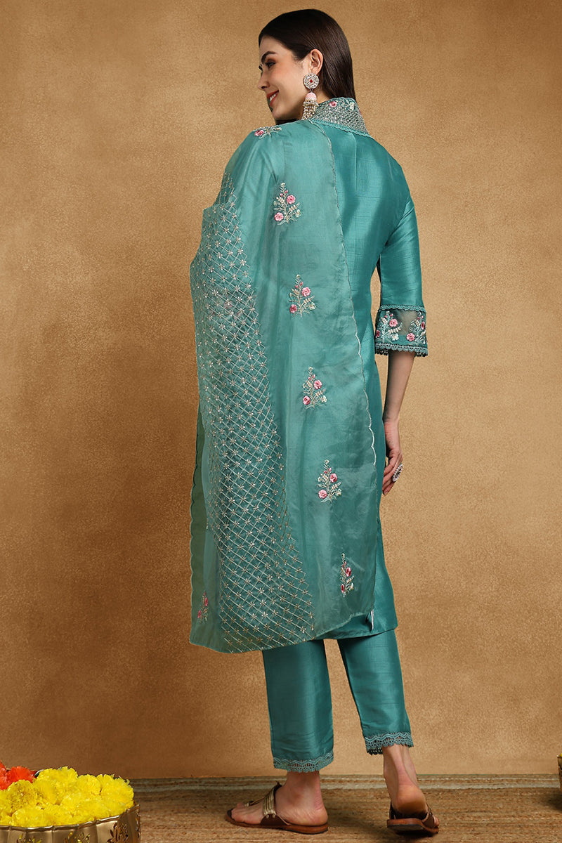 Teal Silk Blend Solid Embroidered Straight Suit Set PKSKD2427