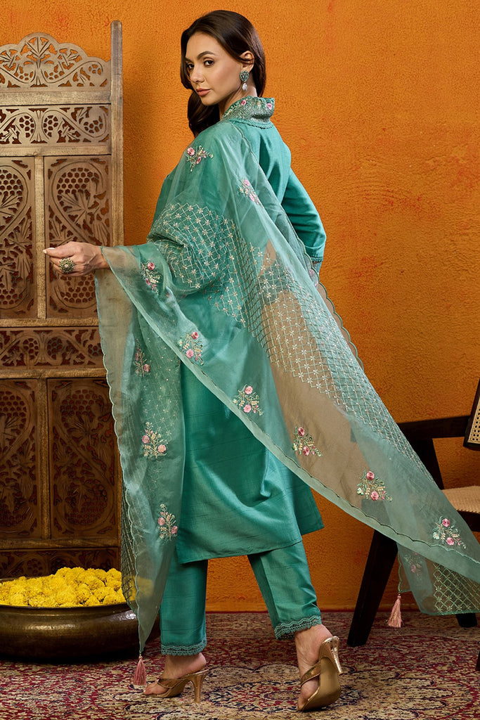 Teal Silk Blend Solid Embroidered Straight Suit Set PKSKD2427