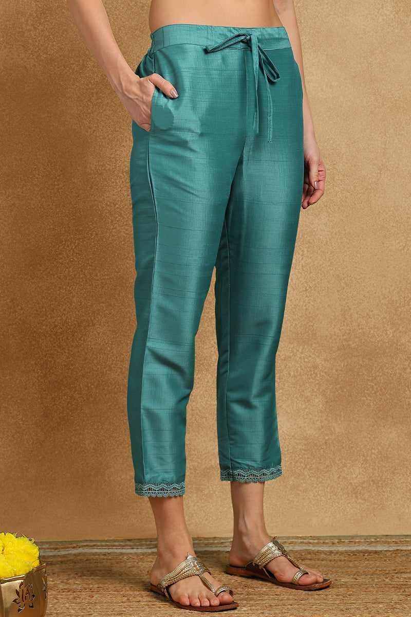Teal Silk Blend Solid Embroidered Straight Suit Set PKSKD2427