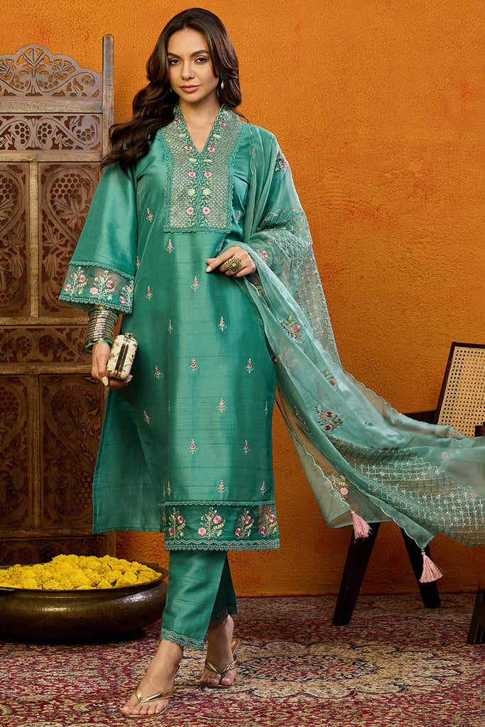 Teal Silk Blend Solid Embroidered Straight Suit Set PKSKD2427