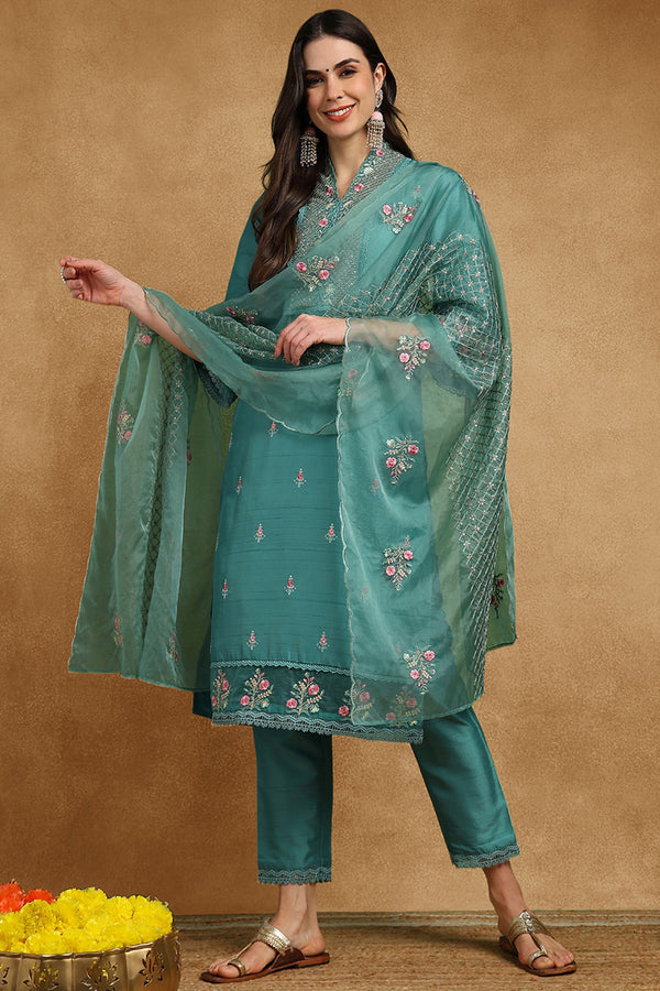 Teal Silk Blend Solid Embroidered Straight Suit Set PKSKD2427