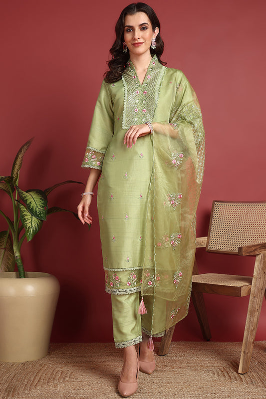 Green Silk Blend Solid Embroidered Straight Suit Set PKSKD2428