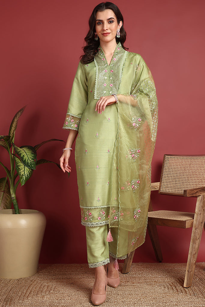 Green Silk Blend Solid Embroidered Straight Suit Set PKSKD2428