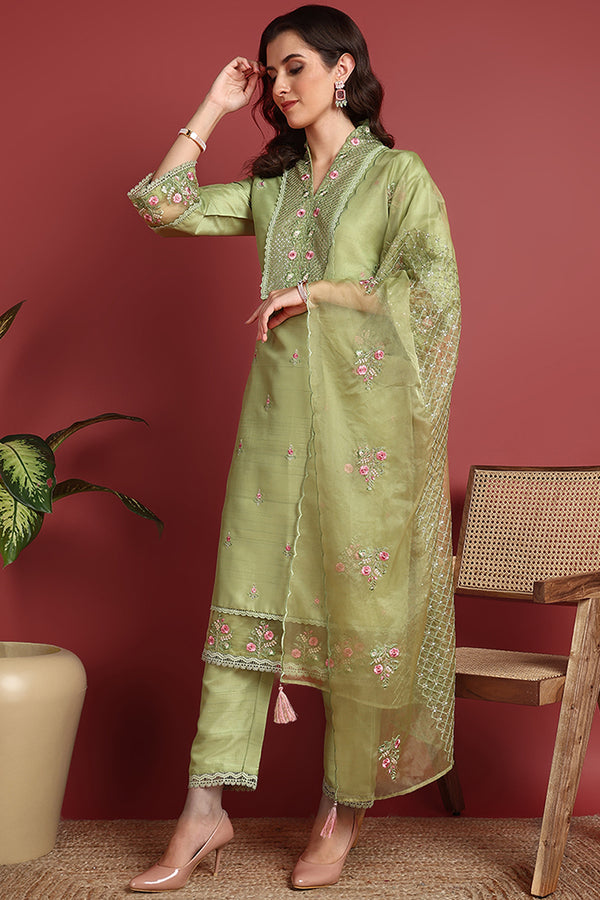 Green Silk Blend Solid Embroidered Straight Suit Set PKSKD2428