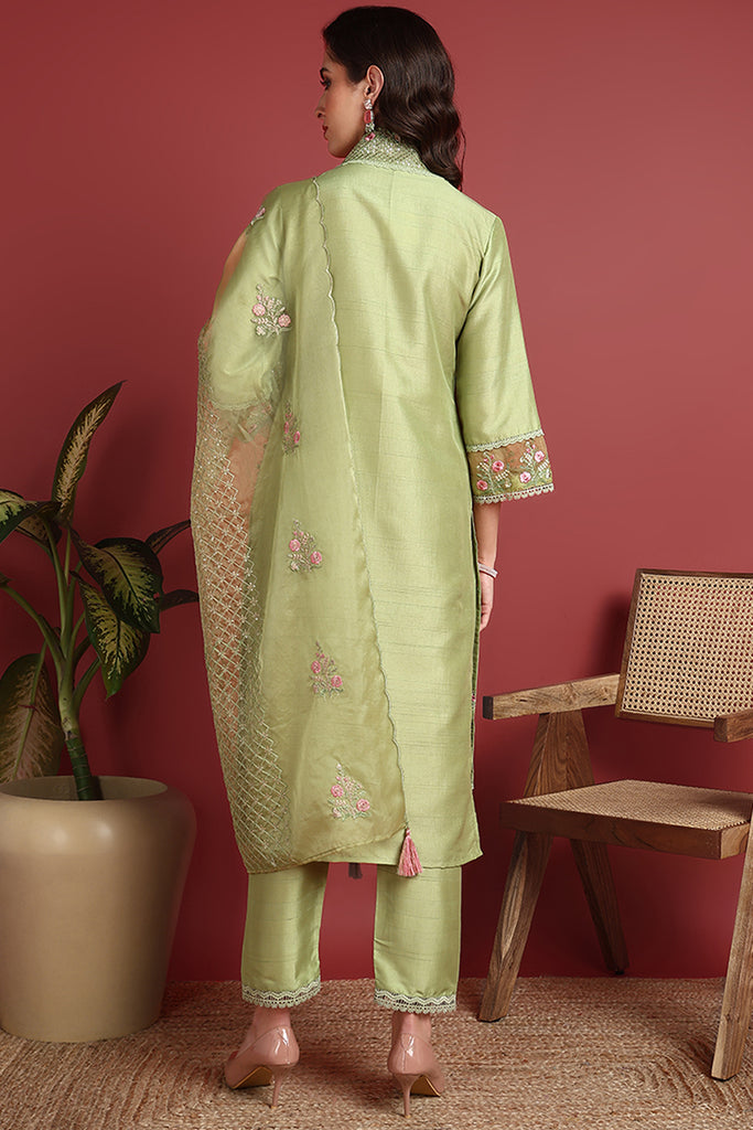 Green Silk Blend Solid Embroidered Straight Suit Set PKSKD2428
