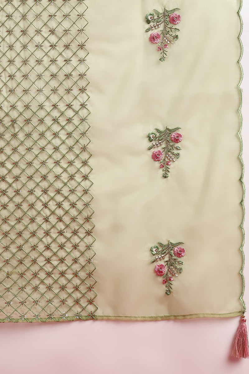 Green Silk Blend Solid Embroidered Straight Suit Set PKSKD2428