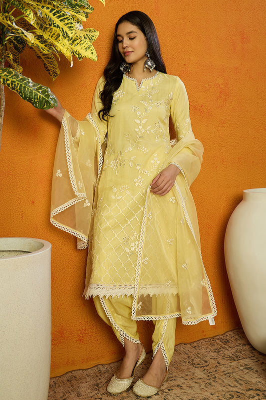 Yellow Organza Solid Embroidered A-Line Dhoti Bottom Suit Set PKSKD2433