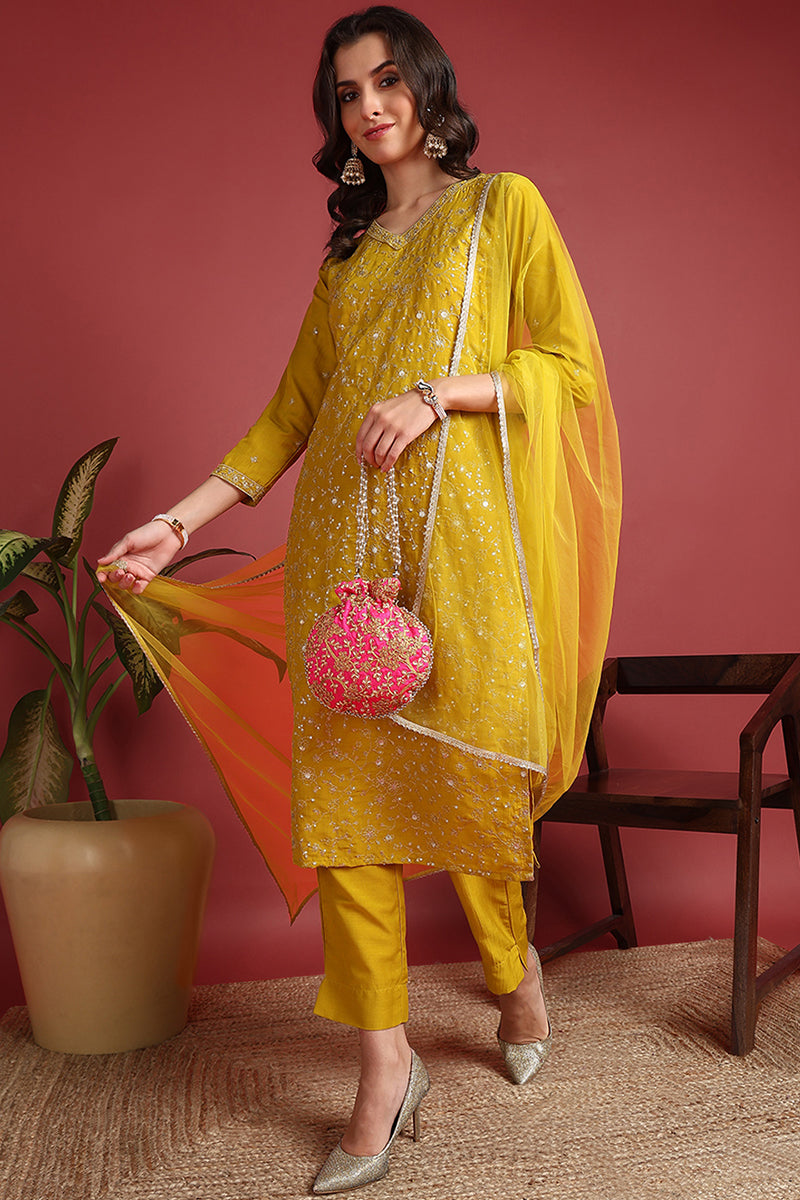 Mustard Silk Blend Solid Embroidered Straight Suit Set PKSKD2434