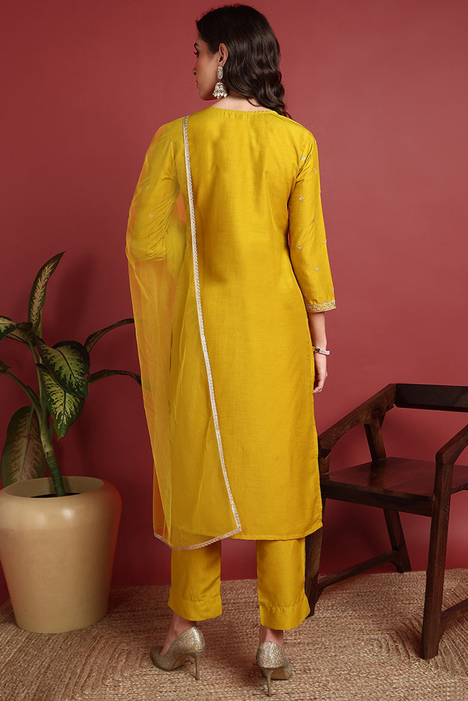 Mustard Silk Blend Solid Embroidered Straight Suit Set PKSKD2434