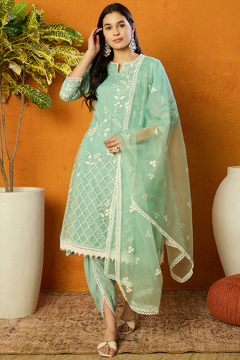 Sea Green Organza Solid Embroidered A-Line Dhoti Style Suit Set PKSKD2438