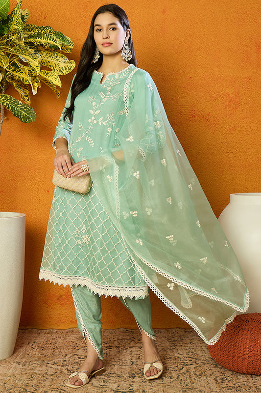 Sea Green Organza Solid Embroidered A-Line Dhoti Style Suit Set PKSKD2438