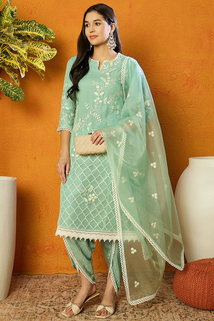 Sea Green Organza Solid Embroidered A-Line Dhoti Style Suit Set PKSKD2438