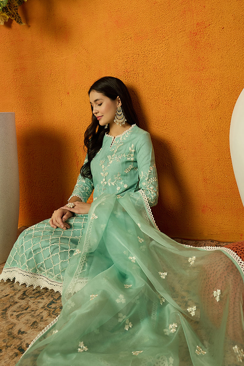 Sea Green Organza Solid Embroidered A-Line Dhoti Style Suit Set PKSKD2438