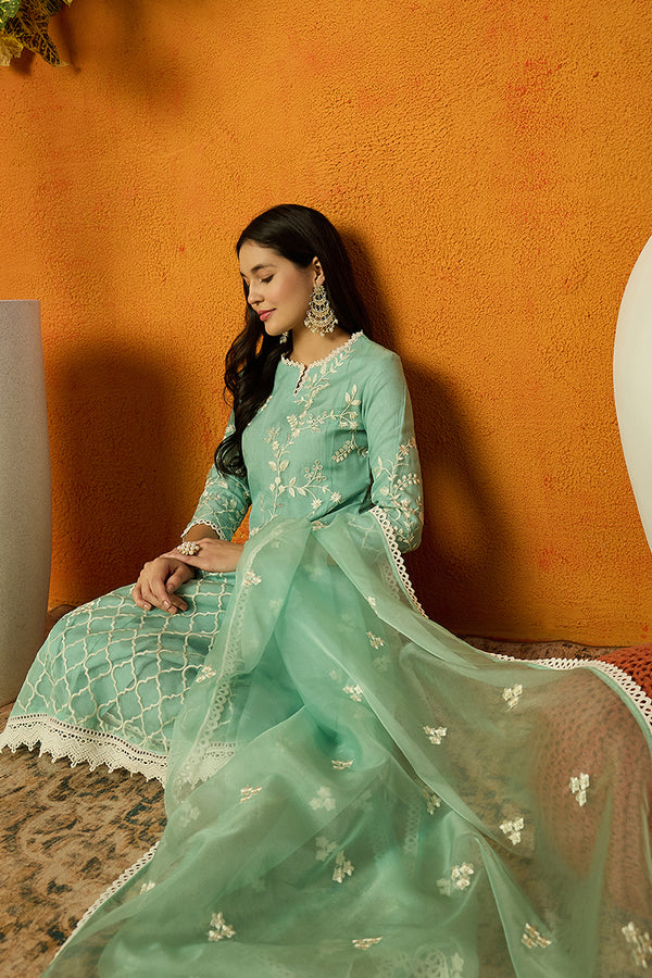 Sea Green Organza Solid Embroidered A-Line Dhoti Style Suit Set PKSKD2438