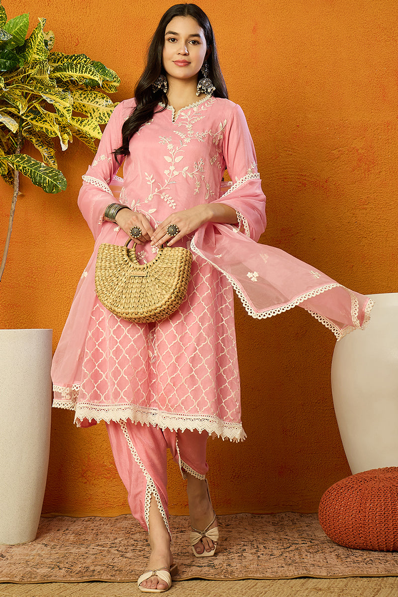 Pink Organza Solid Embroidered A-Line Dhoti Style Suit Set PKSKD2439