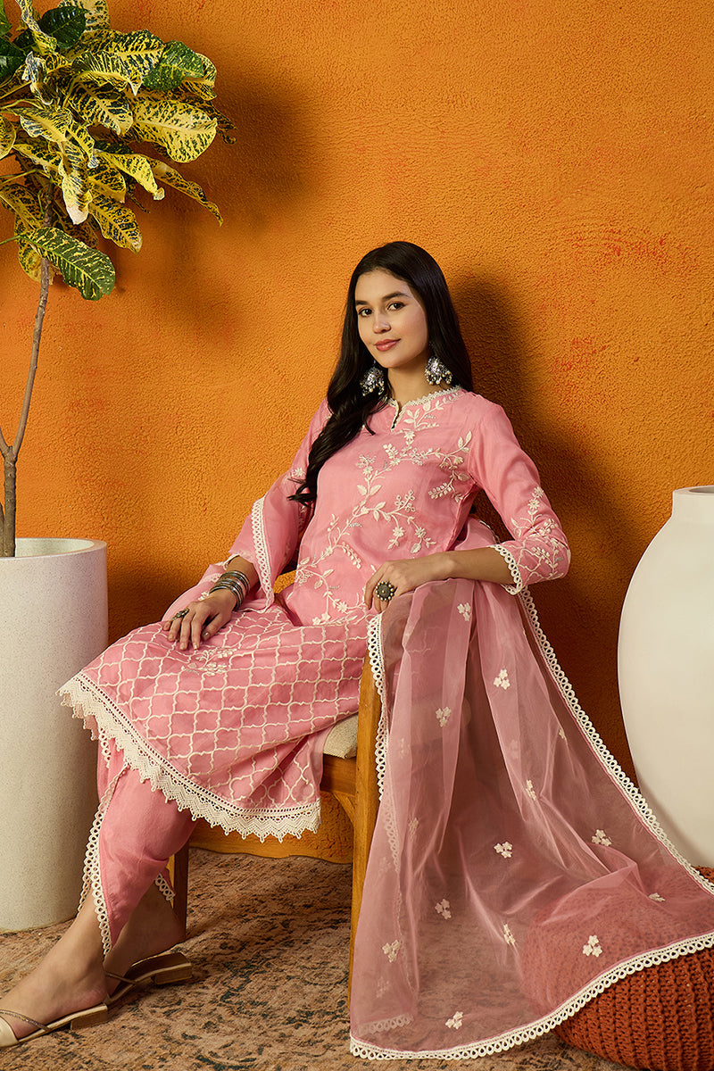 Pink Organza Solid Embroidered A-Line Dhoti Style Suit Set PKSKD2439