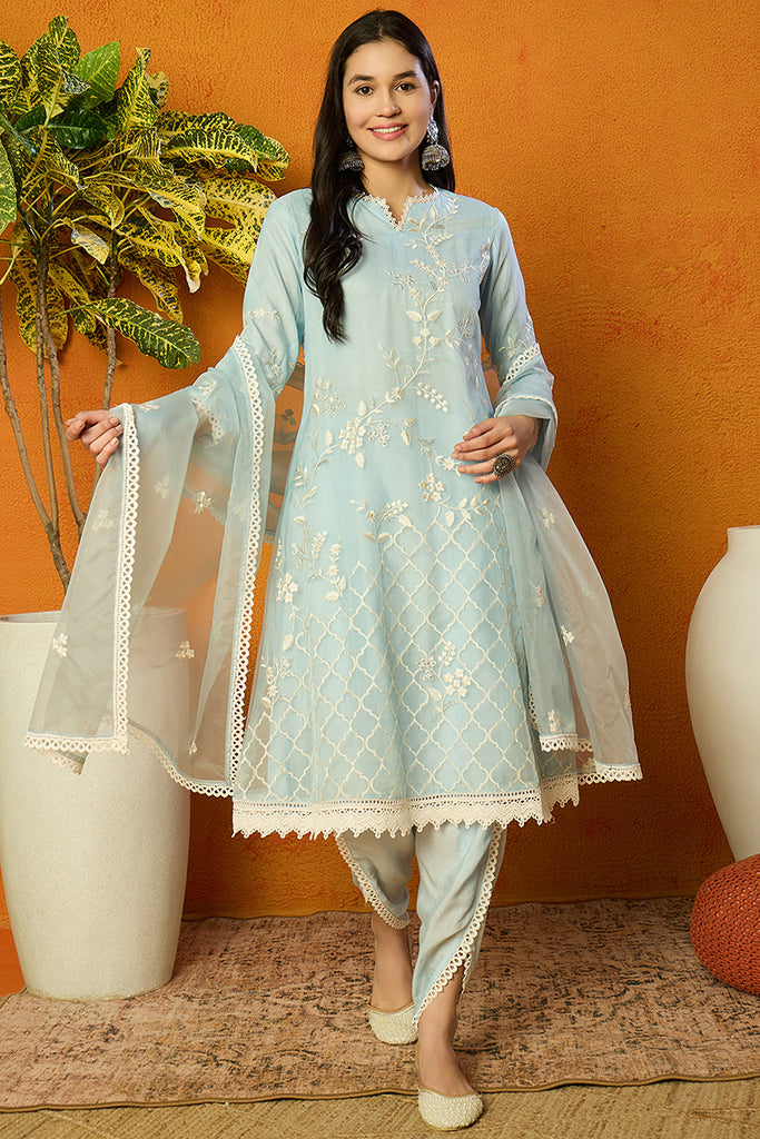 Blue Organza Solid Embroidered A-Line Dhoti Style Suit Set PKSKD2440