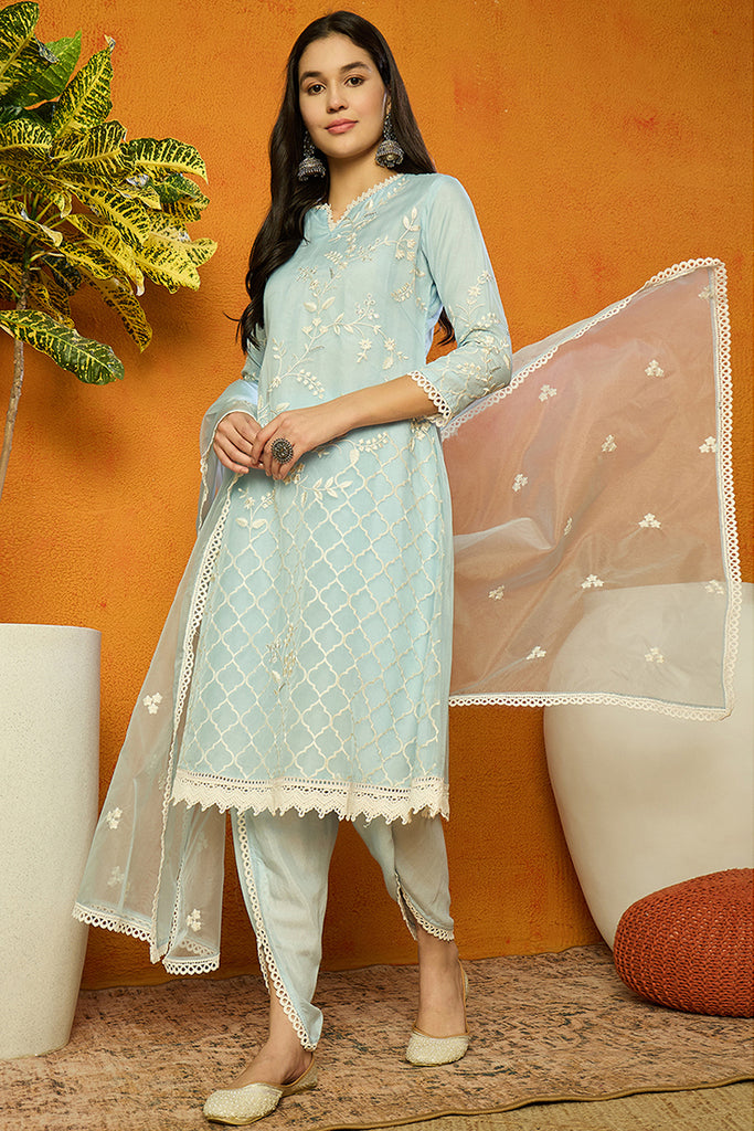 Blue Organza Solid Embroidered A-Line Dhoti Style Suit Set PKSKD2440