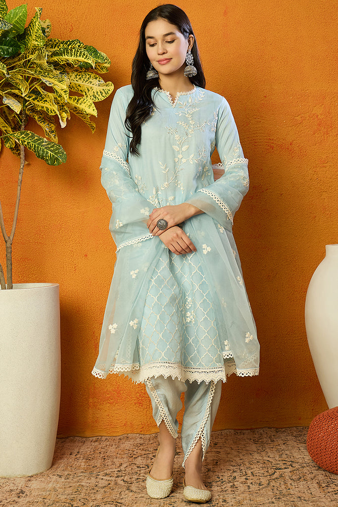 Blue Organza Solid Embroidered A-Line Dhoti Style Suit Set PKSKD2440